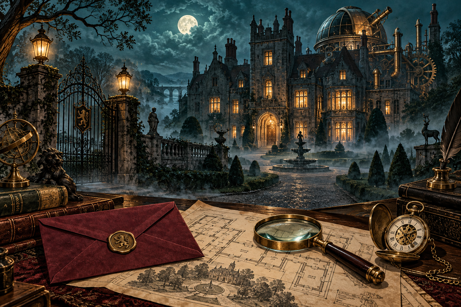 A moonlit manor beyond an iron gate. On the desk: a sealed letter, books, a map and a pocket watch.